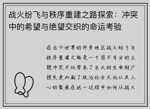 战火纷飞与秩序重建之路探索：冲突中的希望与绝望交织的命运考验